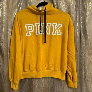 PINK Victorias Secret Yellow Hooded Pullover Cowl Neck Sweater XS Flawed